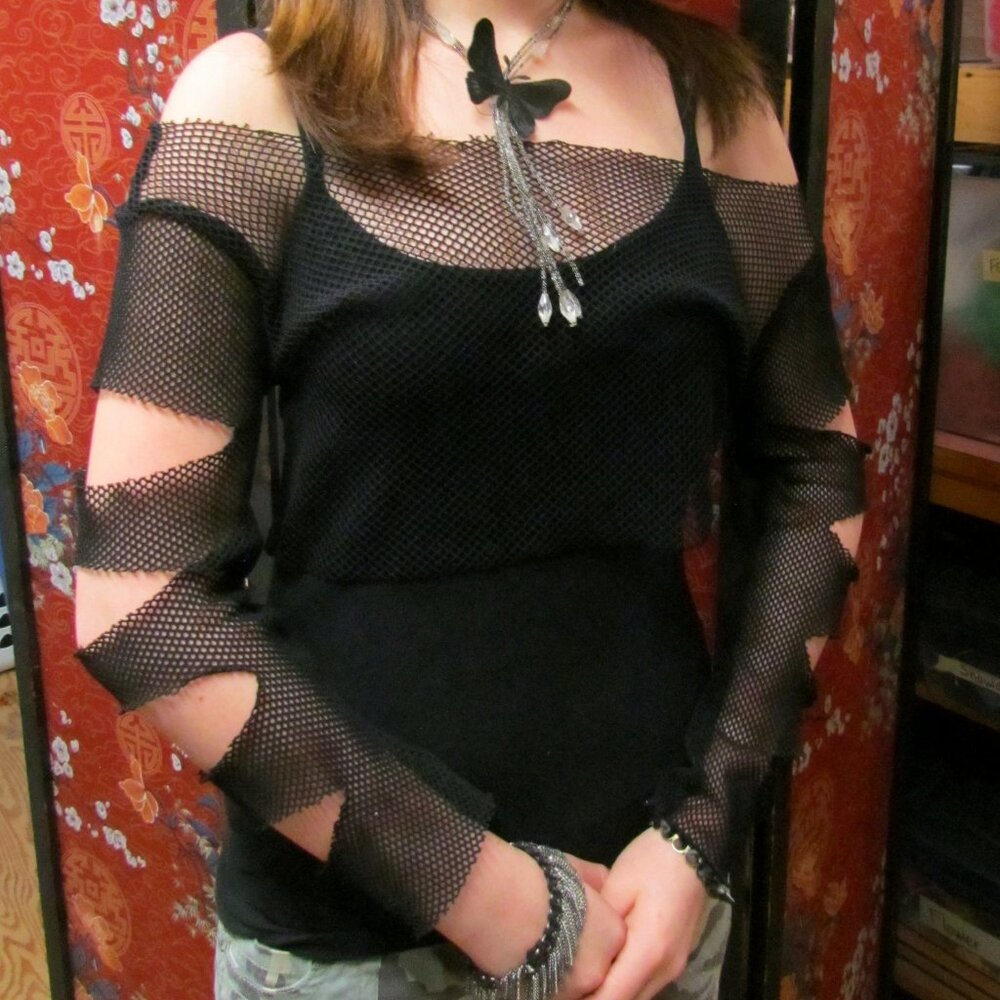 Y2K BLACK STREETWEAR MESH TOP, CUTOUT SLEEVES Over BLACK TANK TOP, EDGY COSTUME